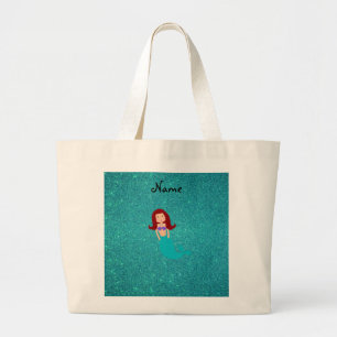 Persoonlijke naam mermaid turquoise glitter grote tote bag