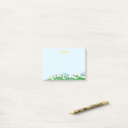 Persoonlijke naam met Daisy Flowers Light Blue Post-it® Notes (Op bureau)