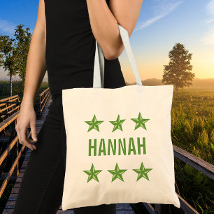 Persoonlijke naam met groene scheepssterren canvas tote bag
