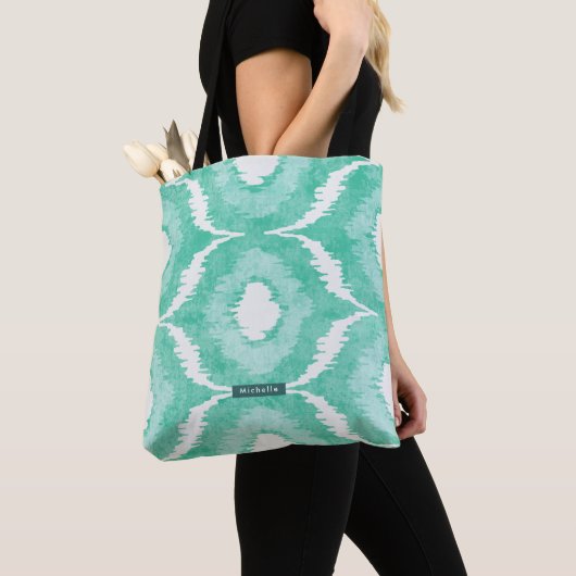 Persoonlijke naam Mint Ikat Pattern Bridesmaid Tote Bag (Dichtbij)