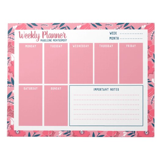 Persoonlijke naam Modern Floral Weekly Planner Notitieblok (Voorkant)