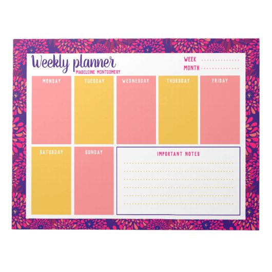 Persoonlijke naam moderne bloem weekplanner notitieblok (Voorkant)