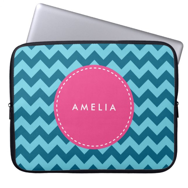 Persoonlijke naam Monogram Blue Chevron Laptop Sleeve (Voorkant)