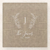 Persoonlijke naam, monogram, familie, rustieke jut glazen onderzetter (Voorkant)