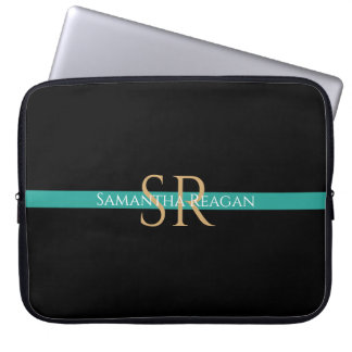 Persoonlijke naam & monogram Gold/witte Blauwgroen Laptop Sleeve