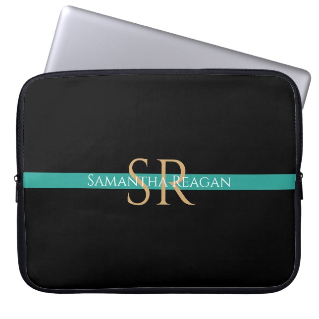 Persoonlijke naam & monogram Gold/witte Blauwgroen Laptop Sleeve (Voorkant)