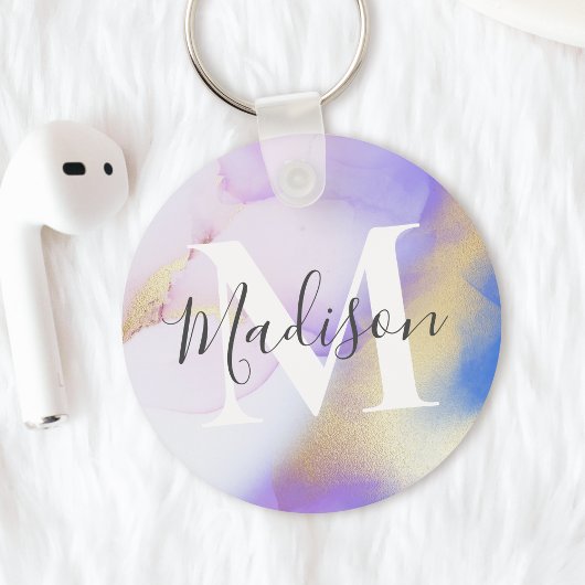 Persoonlijke naam Monogram Paarse Waterverf Glam Sleutelhanger