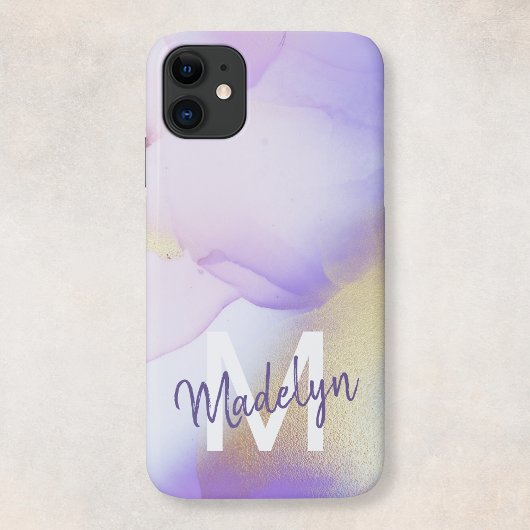 Persoonlijke naam Monogram Paarse Waterverf Luxe Case-Mate iPhone Case