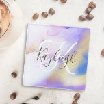 Persoonlijke naam Monogram Paarse Waterverf Luxe Glazen Onderzetter<br><div class="desc">Pas deze glamoureuze stijl abstracte lila waterverf eenvoudig aan met uw eigen details.</div>