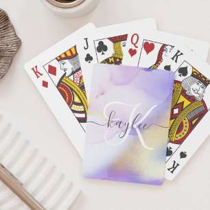 Persoonlijke naam Monogram Paarse Waterverf Luxe Pokerkaarten