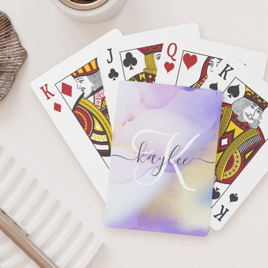 Persoonlijke naam Monogram Paarse Waterverf Luxe Pokerkaarten