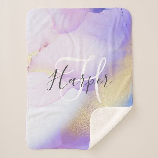 Persoonlijke naam Monogram Paarse Waterverf Luxe Sherpa Deken (Voorkant)