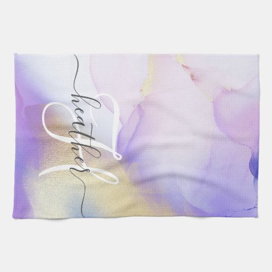 Persoonlijke naam Monogram Paarse Waterverf Luxe Theedoek (Horizontaal)