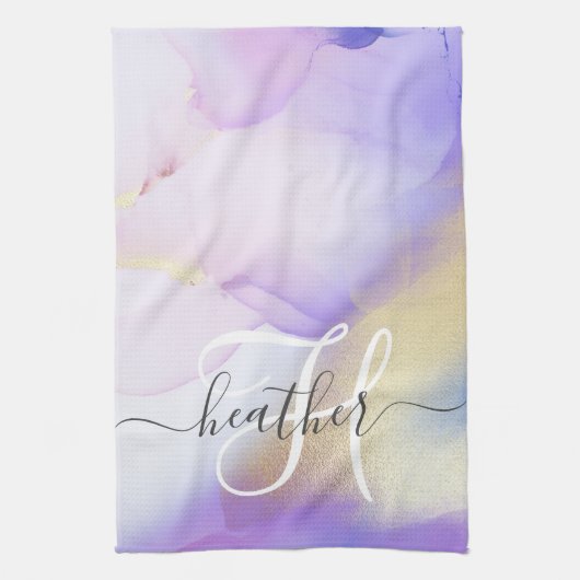Persoonlijke naam Monogram Paarse Waterverf Luxe Theedoek (Verticaal)