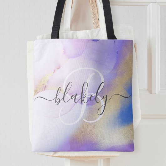 Persoonlijke naam Monogram Paarse Waterverf Tote Bag
