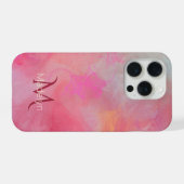 Persoonlijke naam + monogram roze waterverfinkt iPhone hoesje (Achterkant horizontaal)