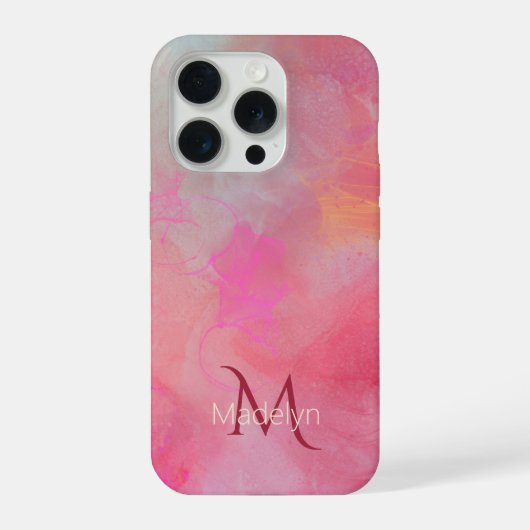 Persoonlijke naam + monogram roze waterverfinkt iPhone hoesje (Achterkant)