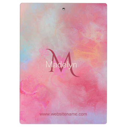 Persoonlijke naam + monogram roze waterverfinkt klembord (Achterkant)