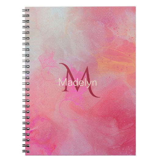 Persoonlijke naam + monogram roze waterverfinkt notitieboek (Voorkant)