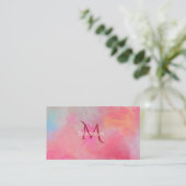 Persoonlijke naam + monogram roze waterverfinkt visitekaartje (Staand voorkant)