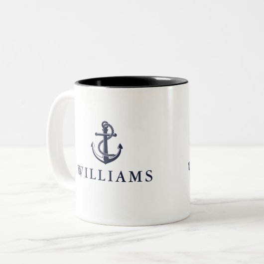 Persoonlijke naam nautisch bootanker marineblauw tweekleurige koffiemok (Voorkant links)