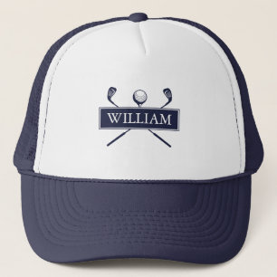 Persoonlijke naam Navy Blue Golfbal En Clubs Trucker Pet