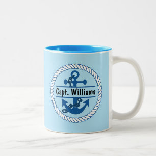 Persoonlijke naam Navy Blue Nautical Anchor Marine Tweekleurige Koffiemok