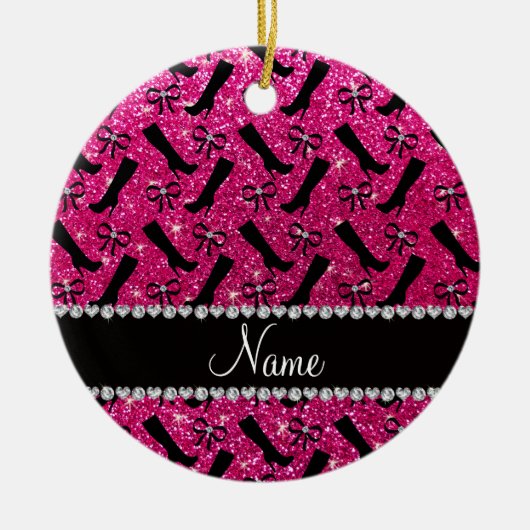 Persoonlijke naam neon hot roze glitter boows keramisch ornament (Voorkant)