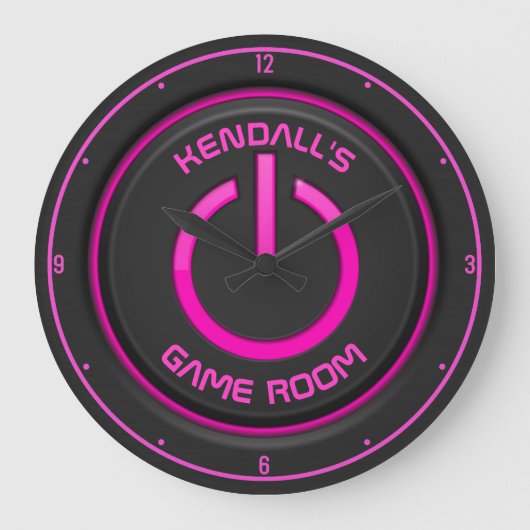 Persoonlijke naam Neon Power Button Game Room Sign Grote Klok (Voorkant)
