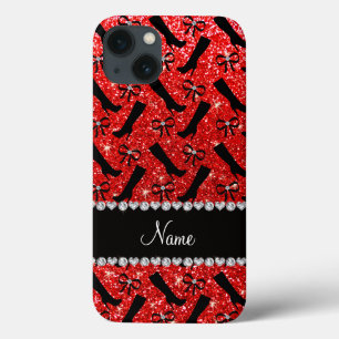 Persoonlijke naam neon red glitter boows iPhone 13 hoesje