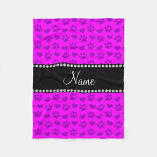 Persoonlijke naam neon roze harten en poetafdrukke fleece deken