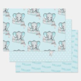 Persoonlijke naam Olifant Baby Jongen Blauw Grijs Inpakpapier Vel
