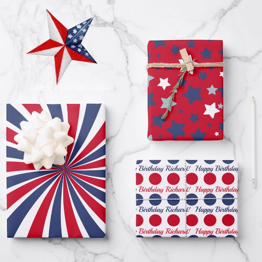 Persoonlijke naam op 4 juli: Red White Blue Stars Inpakpapier Vel