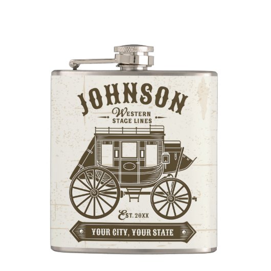 Persoonlijke NAAM Oude Western Stagecoach Carriage Heupfles (Voorkant)