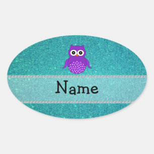 Persoonlijke naam owl turquoise glitter ovale sticker