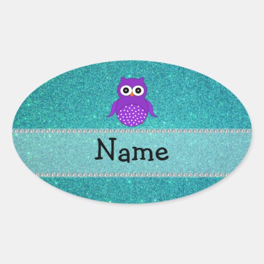 Persoonlijke naam owl turquoise glitter ovale sticker (Voorkant)
