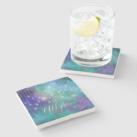 Persoonlijke naam, Paars en Blauwgroen, lichten en Stenen Onderzetter (Zijkant)