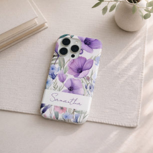 Persoonlijke naam paarse bloemrijke elegant iPhone 15 pro case