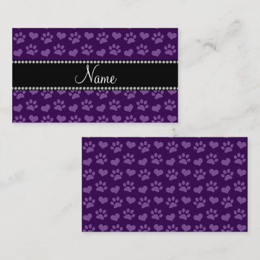 Persoonlijke naam paarse harten en pootafdrukken contactkaartje (Voorkant / Achterkant)