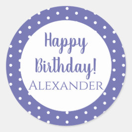 Persoonlijke naam Paarse Polka Dot Happy Birthday Ronde Sticker