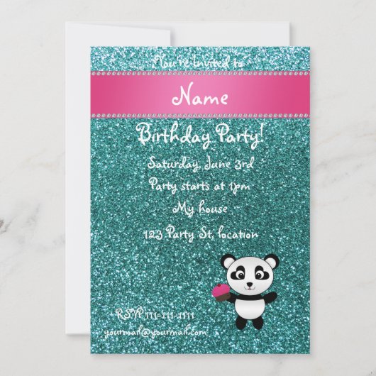 Persoonlijke naam panda cupcake turquoise glitter kaart (Voorkant)