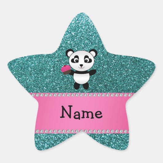 Persoonlijke naam panda cupcake turquoise glitter ster sticker (Voorkant)