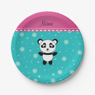 Persoonlijke naam panda turquoise snowflakes papieren bordje