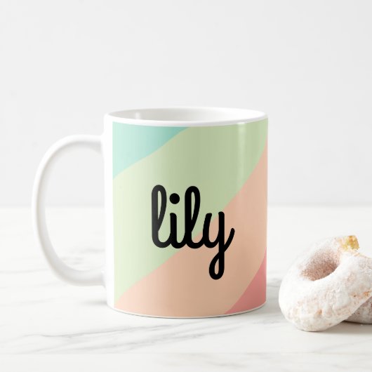 Persoonlijke naam pastel regenboog cadeau koffiemok (Met donut)