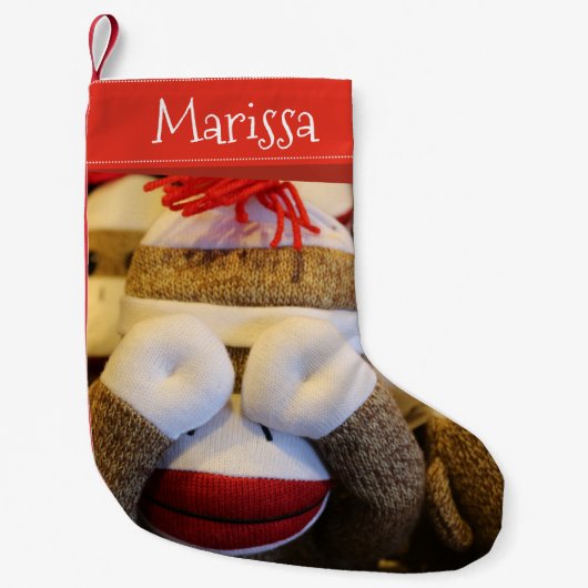 Persoonlijke naam Peek-a-boo Sock Monkey Kleine Kerstsok (Voorkant)