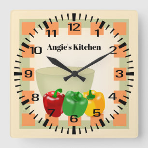 Persoonlijke naam Pepper Veggie Bowl Kitchen Clock Vierkante Klok