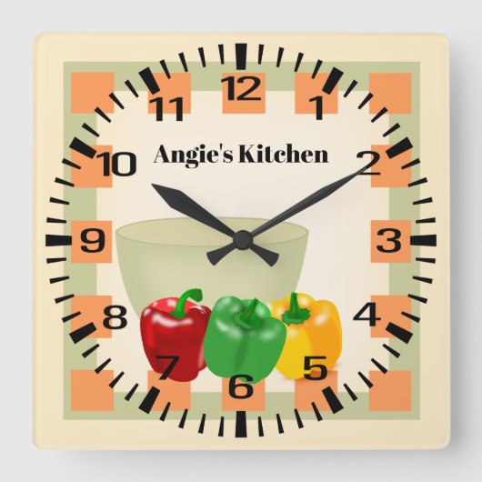 Persoonlijke naam Pepper Veggie Bowl Kitchen Clock Vierkante Klok (Voorkant)