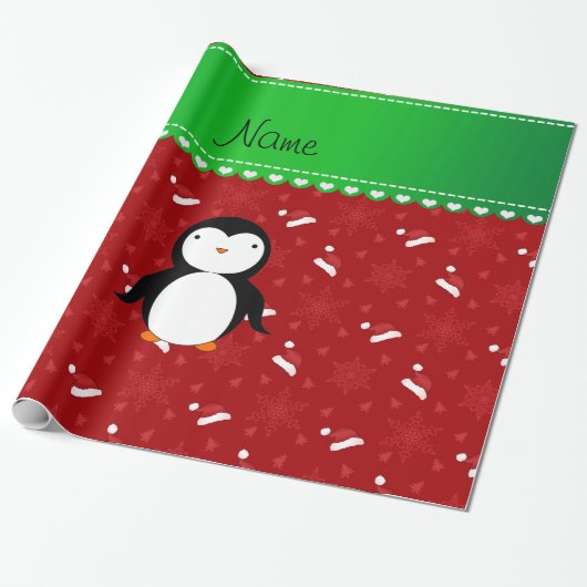 Persoonlijke naam pinguïn red santa hats snowflake cadeaupapier (Uitgerold)