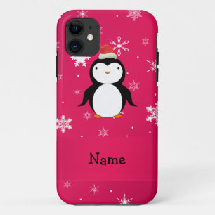 Persoonlijke naam pinguïn roze sneeuwvlokken iPhone 11 hoesje