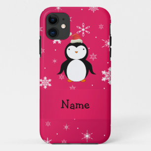 Persoonlijke naam pinguïn roze sneeuwvlokken iPhone 11 hoesje